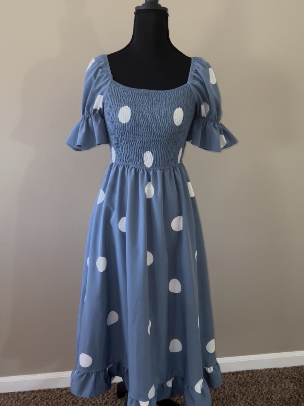 Blue Polka Dot Smocked Midi Dress with Puff Sleeves